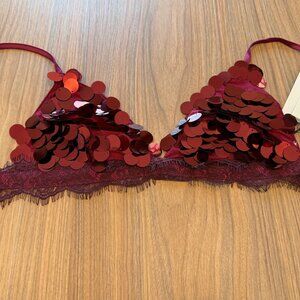 Never Fully Dressed Wine Sequin Bra with Lace Trim – Size US 2 / UK 6 / EU 34